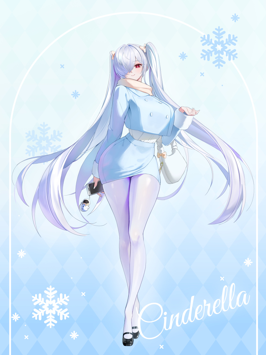 1girl absurdres blue_dress cellphone cellphone_charm character_name charm_(object) cinderella_(nikke) commentary_request dress full_body goddess_of_victory:_nikke grey_hair hair_over_one_eye highres holding holding_phone korean_commentary long_hair long_sleeves official_alternate_costume one_eye_covered pantyhose phone red_eyes scarf smartphone smile snowflakes solo sweater sweater_dress uz_(uzru0428) very_long_hair white_pantyhose white_scarf