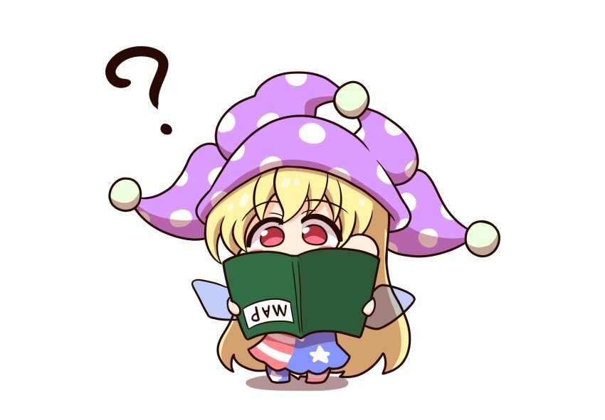 1girl ? american_flag american_flag_dress american_flag_legwear american_flag_print blonde_hair book chibi clownpiece commentary_request dress fairy fairy_wings flag_print hat highres holding holding_book jester_cap long_hair map pantyhose polka_dot polka_dot_headwear purple_hat red_eyes shitacemayo simple_background star_(symbol) star_print striped_clothes striped_dress striped_pantyhose touhou transparent_wings white_background wings