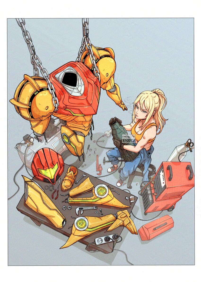 1girl arm_cannon assault_visor blonde_hair blue_eyes breasts chuckuddin commentary english_commentary green_visor highres long_hair looking_at_viewer metroid mole mole_under_mouth nintendo ponytail power_suit_(metroid) samus_aran solo varia_suit weapon