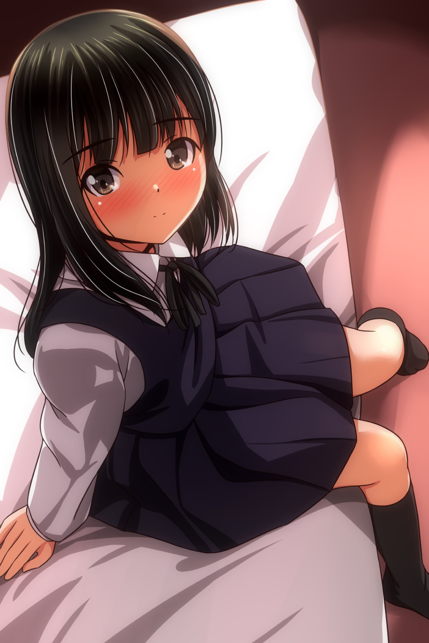 1girl absurdres black_hair black_socks blush brown_eyes closed_mouth collared_shirt commentary_request dress highres long_hair long_sleeves looking_at_viewer matsunaga_kouyou original pinafore_dress shirt sitting sleeveless sleeveless_dress socks solo white_shirt