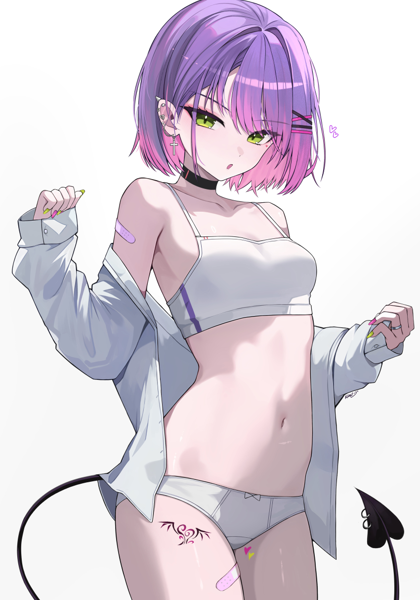 1girl absurdres bandaid bandaid_on_leg black_choker bob_cut bra breasts chain chain_earrings choker commentary cross cross_earrings demon_girl demon_tail ear_piercing earrings english_commentary gradient_hair green_eyes green_nails hair_ornament hairclip highres hololive jewelry kkato leg_tattoo long_sleeves looking_at_viewer multicolored_hair nail_polish navel no_pants open_clothes open_mouth open_shirt paid_reward_available panties parallel_hairclips piercing pink_hair pink_nails pointy_ears purple_hair ring shirt shirt_partially_removed short_hair small_breasts solo spiked_ear_piercing stomach tail tattoo tokoyami_towa underwear virtual_youtuber white_bra white_panties white_shirt winged_heart winged_heart_tattoo x_hair_ornament