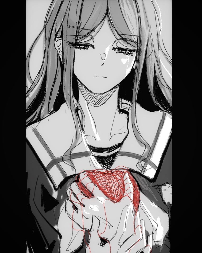 2girls bang_dream! bang_dream!_it's_mygo!!!!! chihaya_anon closed_mouth commentary funame111 greyscale heart highres long_hair monochrome multiple_girls nagasaki_soyo school_uniform sidelocks solo_focus spot_color string string_of_fate tsukinomori_school_uniform