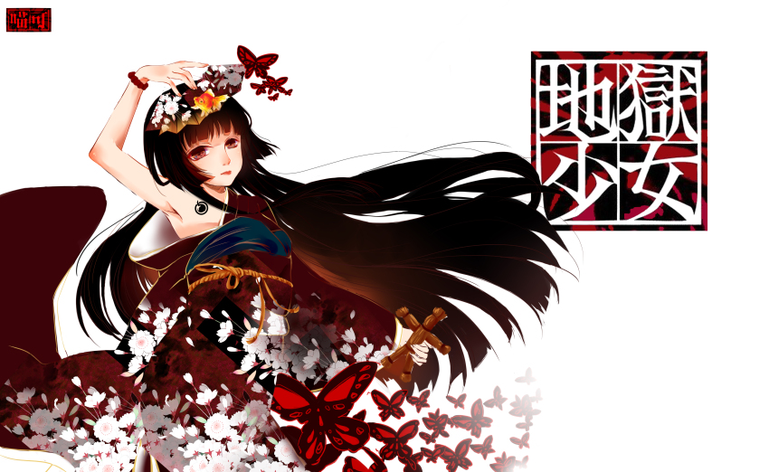 1girl absurdres bead_bracelet beads black_hair blunt_bangs blunt_ends bow bracelet brown_eyes chinese_commentary closed_mouth commentary_request copyright_name cowboy_shot doll enma_ai expressionless floating_hair floral_print folding_fan hand_fan highres hime_cut holding holding_doll holding_fan japanese_clothes jewelry jigoku_shoujo kimono lipstick long_hair long_sleeves looking_at_viewer makeup muriel_miaoke nostrils painttool_sai_(medium) pink_lips print_kimono red_bow red_kimono shoulder_tattoo single_bare_shoulder solo straight_hair straw_doll tattoo very_long_hair white_background wide_sleeves yukata