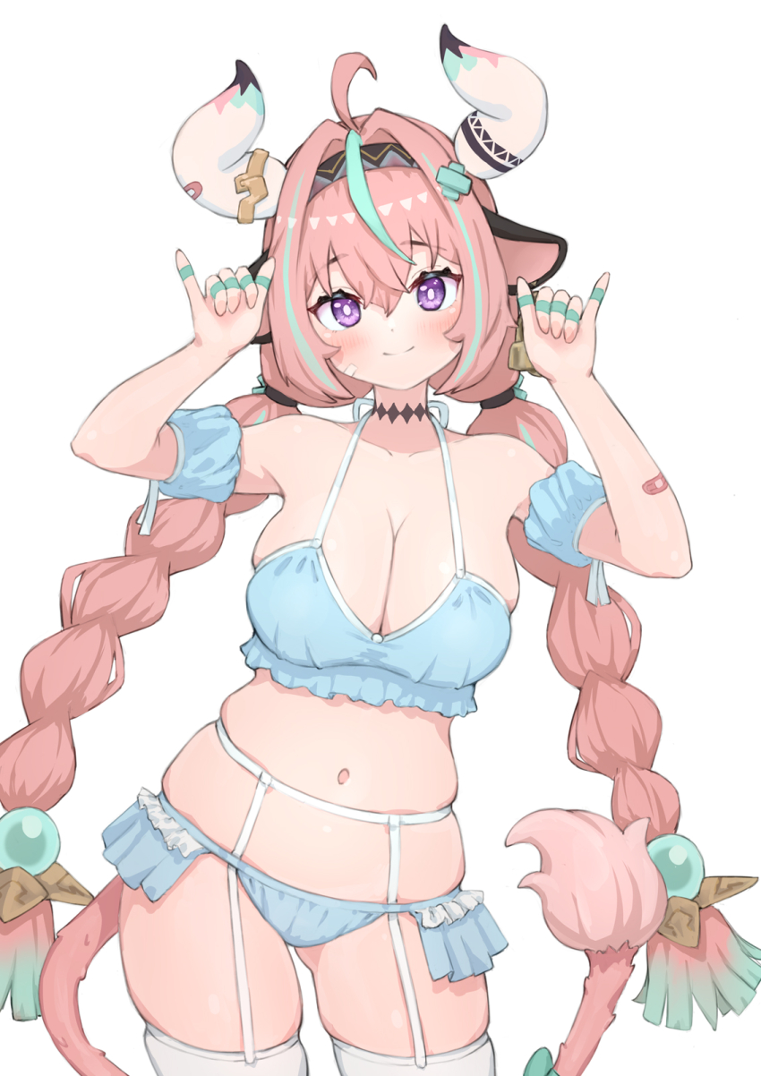 1girl \n/ ahoge aqua_hair bandaid bandaid_on_arm bandaid_on_cheek bandaid_on_face blue_bra blue_panties blush bra braid breasts cleavage contrapposto cow_horns cow_tail cowboy_shot double_shaka_sign garter_belt genshin_impact hair_between_eyes hairband highres horns large_breasts lingerie long_hair looking_at_viewer low_twin_braids multicolored_hair navel nezunayu panties pink_hair purple_eyes shaka_sign skindentation smile solo streaked_hair tail twin_braids underwear varesa_(genshin_impact) very_long_hair