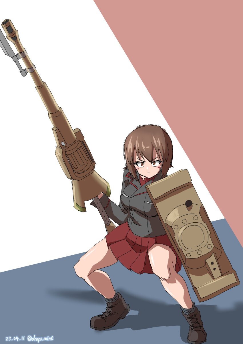 1girl absurdres ankle_boots black_boots black_jacket black_socks blush boots breasts brown_hair closed_mouth commentary_request dated dress_shirt drops_mint girls_und_panzer glaring highres holding holding_shield holding_weapon jacket kuromorimine_military_uniform large_breasts long_sleeves looking_at_viewer military military_jacket military_uniform miniskirt muscular muscular_female nishizumi_maho pleated_skirt red_shirt red_skirt shadow shield shirt short_hair skirt socks solo solo_focus standing three-toned_background twitter_username weapon