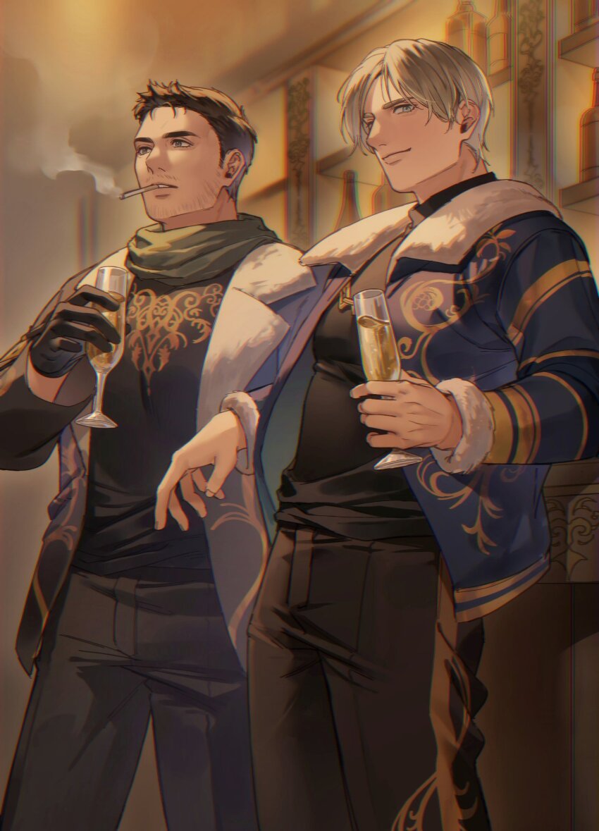 2boys bar_(place) beard_stubble black_gloves black_pants black_shirt blonde_hair blue_coat blue_eyes brown_hair champagne_flute chris_redfield cigarette closed_mouth coat commentary_request cowboy_shot cup dbox_2525 drinking_glass facial_hair fur-trimmed_coat fur_trim gloves gold_necklace gold_trim green_scarf grey_eyes highres holding holding_cup indoors jewelry leon_s._kennedy light_smile looking_at_viewer male_focus multiple_boys necklace official_alternate_costume pants parted_bangs parted_lips print_shirt resident_evil scarf shirt short_hair smoke smoking stubble