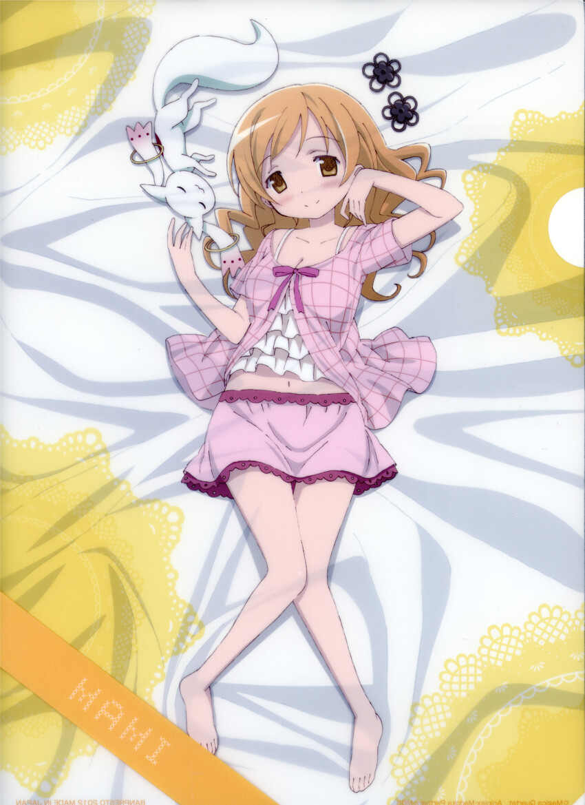 1girl :3 absurdres bed_sheet blonde_hair character_name full_body hair_down hair_ornament hand_on_own_face highres incredibly_absurdres knees_together_feet_apart kyubey lying mahou_shoujo_madoka_magica non-web_source official_alternate_hairstyle official_art on_back on_bed pajamas pink_pajamas scan self-scan tomoe_mami wavy_hair yellow_eyes