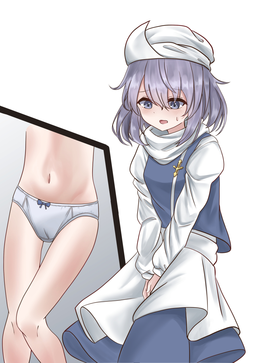 1girl absurdres between_legs blue_eyes blush dress female_focus hand_between_legs have_to_pee highres letty_whiterock loli multiple_views navel open_mouth panties purple_hair solo standing sweatdrop touhou tsubakipan underwear white_background white_panties