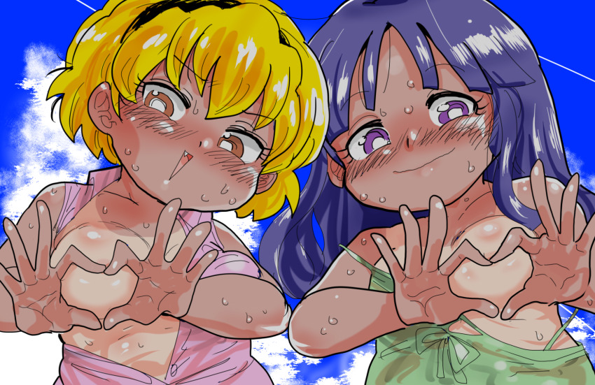 2girls bad_tag black_hairband blonde_hair blue_hair blue_sky blunt_bangs blush breasts bright_pupils brown_eyes closed_mouth cloud day dress fang furude_rika green_dress hairband heart heart_hands houjou_satoko kiliu loli long_hair looking_at_viewer multiple_girls no_bra open_clothes open_mouth open_shirt pink_shirt purple_eyes purple_hair shirt short_hair sky sleeveless small_breasts smile sweat upper_body white_pupils