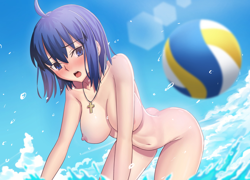 1girl absurdres ahoge ball beachball blue_eyes blue_hair blush breasts c.i.e.l_(fate) ciel_(tsukihime) collarbone cross cross_necklace fate/grand_order fate_(series) highres jewelry large_breasts longdq3008 looking_at_viewer mysterious_executor_c.i.e.l_(fate) navel necklace nipples nude open_mouth short_hair solo thighs