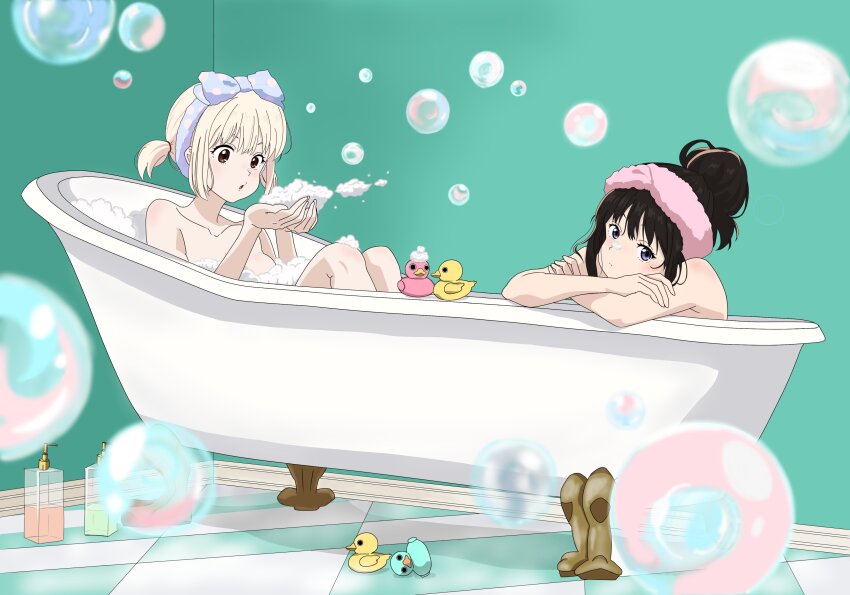 2girls absurdres alternate_hairstyle bathroom bathtub black_hair blonde_hair blowing closed_mouth collarbone commentary_request expressionless hair_bun hands_up headband highres iganin_r in_bathtub indoors inoue_takina knees_up looking_at_object lycoris_recoil multiple_girls nishikigi_chisato nude parted_lips pink_headband polka_dot polka_dot_headband purple_eyes purple_headband red_eyes rubber_duck shared_bathing short_hair single_hair_bun slice_of_life soap_bottle soap_bubbles tile_floor tiles two_side_up