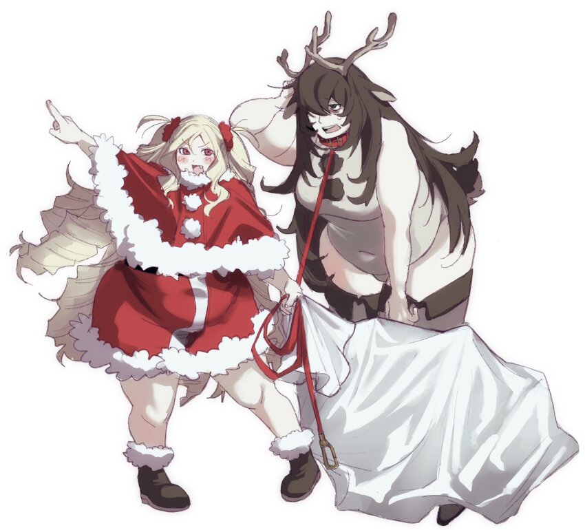 2girls animal_costume antlers bags_under_eyes belt_collar black_boots black_hair black_thighhighs blonde_hair blush boots brown_eyes capelet choker christmas collar covered_navel dress drill_hair fang fat fat_woman fur-trimmed_boots fur-trimmed_capelet fur-trimmed_dress fur_trim grey_leotard hair_over_one_eye height_difference holding holding_leash holding_sack horns leaning_forward leash leotard long_hair messy_hair multiple_girls one_eye_covered open_mouth original plump pointing red_capelet red_choker red_dress red_eyes red_scrunchie reindeer_costume sack santa_costume santa_dress scrunchie sleeveless standing sweat tail thighhighs two_side_up white_background yoko_koyoyo