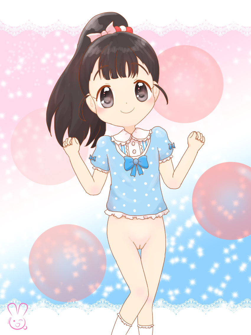 1girl animal black_hair blue_background blue_bow blue_shirt blush bottomless bow brown_eyes bubble_background flat_chest fukuyama_mai hair_bow idolmaster idolmaster_cinderella_girls jojifuku lace loli long_hair looking_at_viewer pink_background pink_bow polka_dot polka_dot_shirt ponytail puffy_sleeves pussy rabbit scrunchie shirt short_sleeves smile socks sparkle standing two-tone_background urameido white_socks