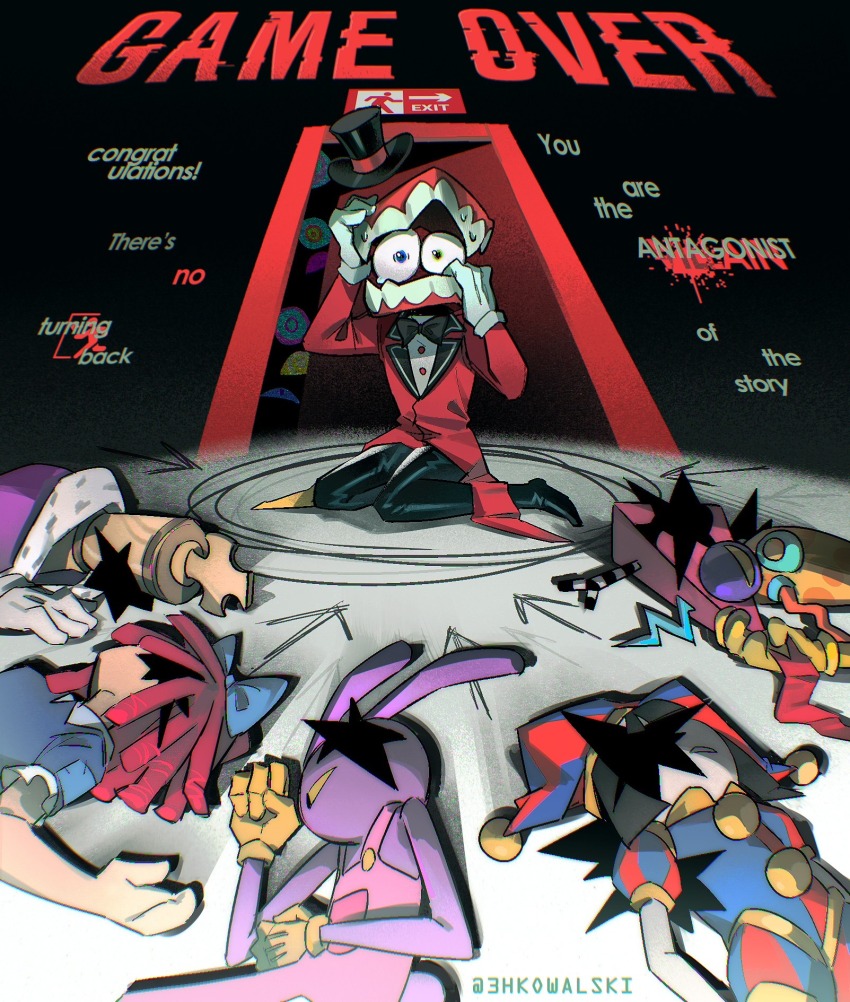 1other 3boys 3girls 3hkowalski abstraction_(the_amazing_digital_circus) artist_name black_pants caine_(the_amazing_digital_circus) cape commentary elbow_gloves english_commentary english_text exit_sign formal_clothes game_over gangle_(the_amazing_digital_circus) gloves hat highres jax_(the_amazing_digital_circus) jester_cap kinger_(the_amazing_digital_circus) lying multiple_boys multiple_girls object_head on_back pants pomni_(the_amazing_digital_circus) ragatha_(the_amazing_digital_circus) red_hair suit the_amazing_digital_circus white_gloves zooble_(the_amazing_digital_circus)