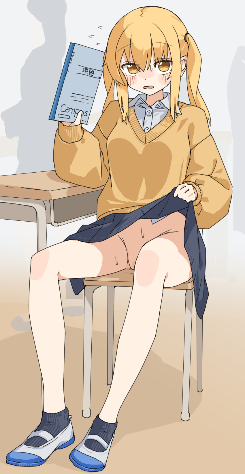 1girl absurdres black_skirt black_socks blonde_hair blush brown_eyes brown_sweater chair clothes_lift collared_shirt commentary_request desk dress_shirt flying_sweatdrops grey_shoes groin hair_between_eyes hand_up highres holding kopaka_(karda_nui) lifting_own_clothes long_sleeves looking_at_viewer no_panties on_chair original parted_lips people pleated_skirt puffy_long_sleeves puffy_sleeves ribbed_socks school_chair school_desk school_uniform shirt shoes silhouette skirt skirt_lift sleeves_past_wrists socks solo_focus sweat sweater thighs twintails uwabaki white_shirt