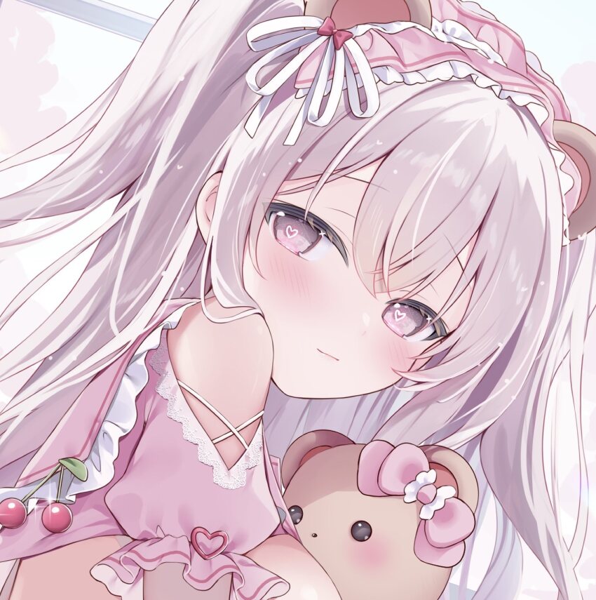 1girl ame_usari animal_ears bare_shoulders bear_ears blush breasts closed_mouth clothing_cutout commentary_request frilled_sailor_collar frills from_side grey_hair hair_between_eyes heart heart-shaped_pupils highres long_hair looking_at_viewer looking_to_the_side medium_breasts original pink_sailor_collar pink_shirt puffy_short_sleeves puffy_sleeves sailor_collar shirt short_sleeves shoulder_cutout solo stuffed_animal stuffed_toy symbol-shaped_pupils teddy_bear two_side_up upper_body window