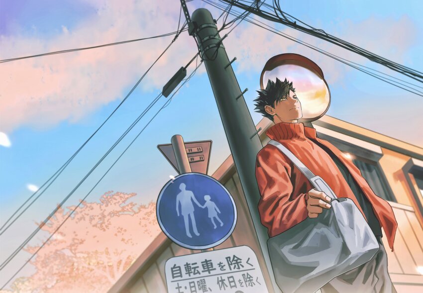 1boy bag black_hair black_shirt blue_sky closed_mouth cloud grey_pants haikyuu!! hashtag-only_commentary highres jacket kuroo_tetsurou male_focus maomao4625 pants power_lines red_jacket road_sign shirt short_hair shoulder_bag sign sky solo standing traffic_mirror translation_request tree utility_pole yellow_eyes