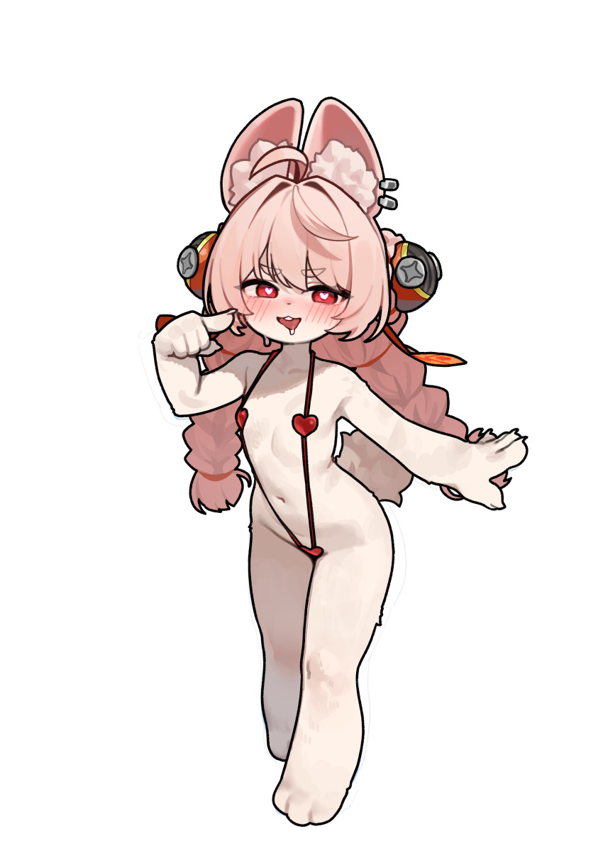 1girl absurdres animal_ears blush body_fur braid bright_pupils drooling flat_chest full_body furry furry_female heart heart-shaped_pupils highres loli long_hair looking_at_viewer pink_hair rabbit_ears rabbit_girl red_eyes red_slingshot_swimsuit sangobob slingshot_swimsuit solo standing swimsuit symbol-shaped_pupils twin_braids variant_set white_fur white_pupils zenless_zone_zero zhao_(zenless_zone_zero)