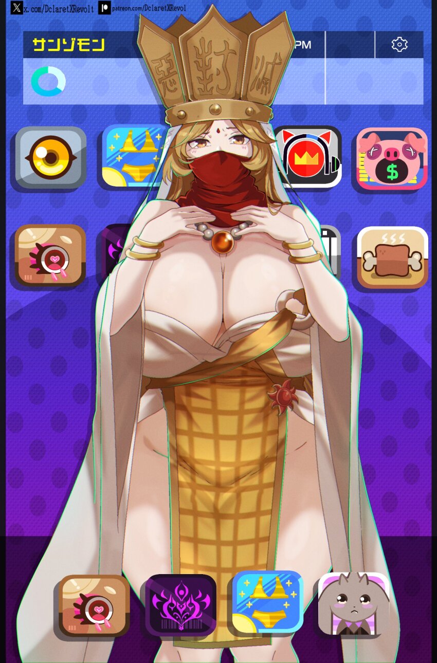 1girl anklet bare_shoulders bead_anklet beads blonde_hair breasts buddhism cleavage commentary covered_mouth crown curvy dclaret digimon digimon_(creature) english_commentary facial_mark forehead_mark full_body highres jewelry large_breasts long_hair looking_at_viewer mask monk mouth_mask prayer_beads revealing_clothes sanzomon scarf scarf_over_mouth twitter_username wide_hips