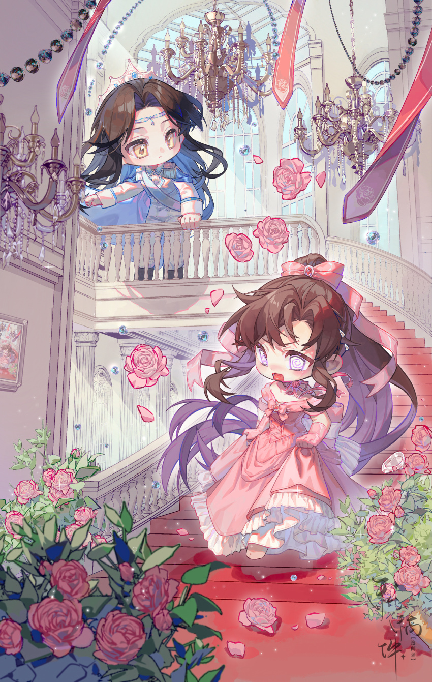 2boys @_@ absurdres alternate_costume alternate_universe arch bare_shoulders black_hair blue_cape blush bow brown_hair cape chandelier chibi chibi_only chinese_commentary closed_mouth clothes_lift commentary_request commission couple crossdressing crossdressing_(mtf) dress dress_lift falling_petals flower formal_clothes frilled_dress frills gem gloves hair_bow hair_ribbon headband highres holding indoors jacket jewelry lan_wangji leaf light_particles long_hair long_sleeves looking_at_another male_focus mi_gao_ma_shu modao_zushi multiple_boys neck_ribbon off-shoulder_dress off_shoulder open_mouth pants parted_bangs petals pillar pink_bow pink_dress pink_flower pink_gem pink_gloves pink_ribbon pink_rose ponytail puffy_sleeves purple_eyes railing ribbon rose running second-party_source short_sleeves sidelocks sparkle stairs standing suit trap very_long_hair watermark wei_wuxian white_headband white_jacket white_pants white_suit window yaoi yellow_eyes