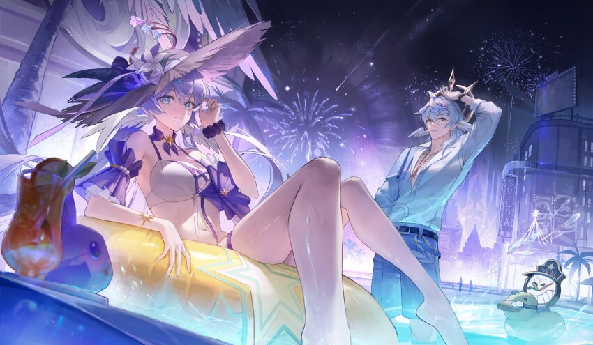 1boy 1girl absurdres adapted_costume aerial_fireworks alternate_costume arm_up bikini blue_hair breasts brother_and_sister building clockie_(honkai:_star_rail) detached_sleeves fireworks green_eyes halo halo_behind_head hashtag-only_commentary hat head_wings highres honkai:_star_rail honkai_(series) long_hair night open_clothes outdoors pants penguinbutler pool robin_(honkai:_star_rail) shirt siblings sun_hat sunday_(honkai:_star_rail) swim_ring swimsuit thighs wings yellow_eyes