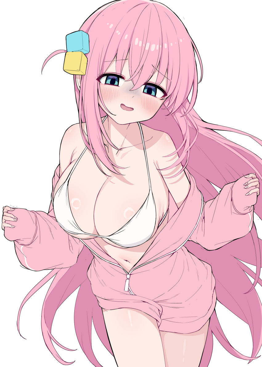 1girl absurdres bikini blue_eyes blush bocchi_the_rock! breasts collarbone cube_hair_ornament gotoh_hitori hair_ornament highres jacket large_breasts long_hair looking_at_viewer metaljelly navel one_side_up open_mouth pink_hair pink_jacket ring_light_reflection simple_background solo swimsuit track_jacket very_long_hair white_background white_bikini