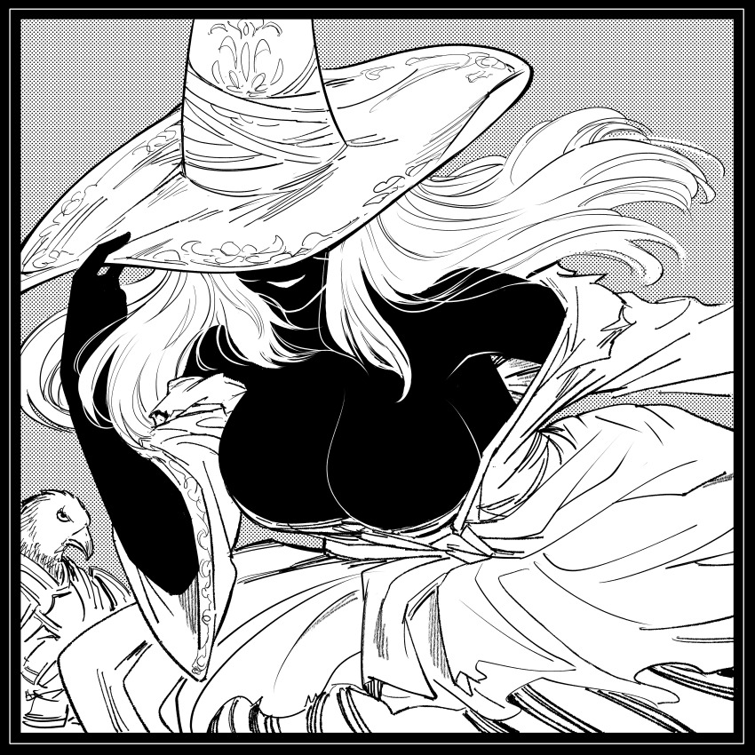 1girl absurdres bb_(baalbuddy) black_border border breasts cleavage dark-skinned_female dark_skin dress elden_ring elden_ring_nightreign fromsoftware grey_background greyscale highres long_hair monochrome recluse_(elden_ring) solo_focus strapless strapless_dress witch