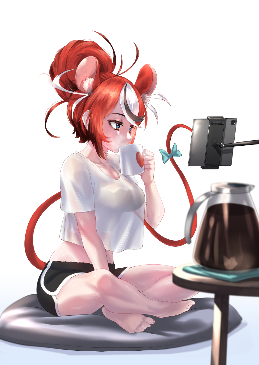 1girl absurdres alternate_costume alternate_hairstyle animal_ear_fluff animal_ears between_legs black_hair black_shorts black_streaks blue_eyes bra bra_peek breasts coffee coffee_mug coffee_pot commentary crop_top crop_top_overhang cup dolphin_shorts double-parted_bangs drinking feet hair_between_eyes hakos_baelz hand_between_legs heart highres hololive hololive_english indian_style looking_to_the_side mahseerism medium_breasts midriff mouse_ears mouse_tail mug multicolored_hair phone phone_stand pillow ponytail red_hair see-through_clothes see-through_silhouette shirt shorts sitting steam table tail thighs towel underwear virtual_youtuber white_background white_hair white_shirt