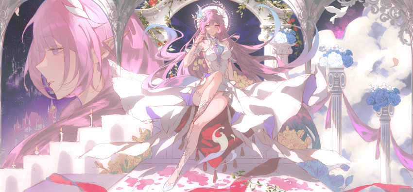 1girl absurdres blue_hair breasts cyrene_(demiurge)_(honkai:_star_rail) cyrene_(honkai:_star_rail) diamond-shaped_pupils diamond_(shape) dress flower full_moon hair_flower hair_ornament halo high_heels highres honkai:_star_rail honkai_(series) long_hair medium_breasts moon multicolored_hair multiple_views night pink_hair purple_eyes qiuqiuku sitting sky stone_pillar symbol-shaped_pupils thighs two-tone_hair very_long_hair white_dress