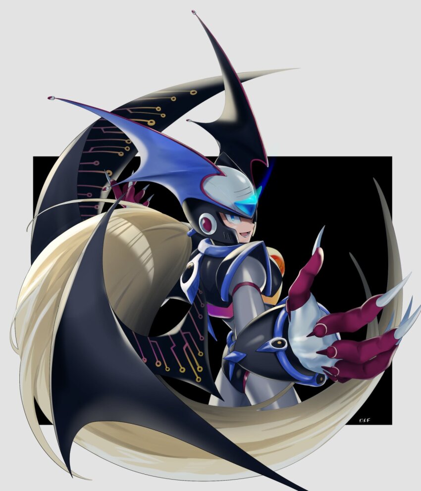 1boy absolute_zero_(mega_man) armor bat_wings black_armor black_helmet black_wings blonde_hair blue_eyes chest_jewel commentary_request cowboy_shot forehead_jewel from_behind helmet highres long_hair mega_man_(series) mega_man_x:_command_mission mega_man_x_(series) olf_megaman solo winged_helmet wings zero_(mega_man)