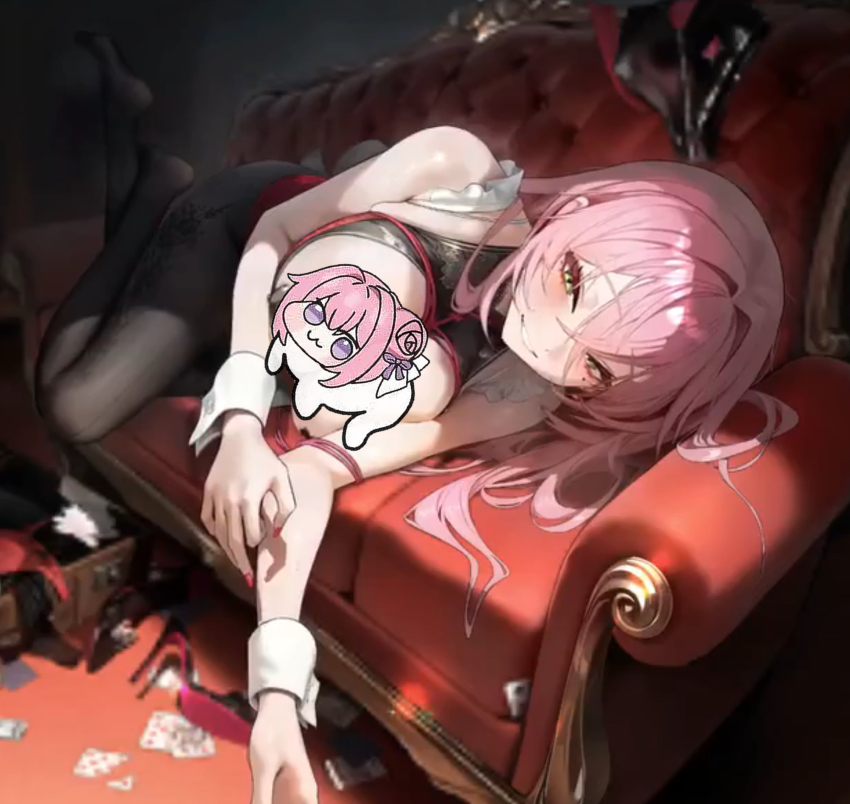 1girl breasts card censored chela77 commentary_request couch detached_collar doro_(nikke) game_cg goddess_of_victory:_nikke green_eyes halterneck high_heels highres large_breasts long_hair looking_at_viewer lying official_art on_couch on_side pantyhose pink_hair playing_card skindentation smile velvet_(nikke)