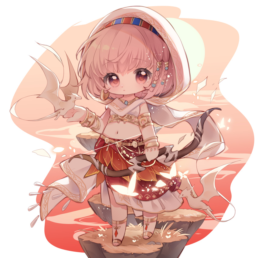 1girl absurdres anklet armlet bare_shoulders barefoot_sandals_(jewelry) beads belt blue_hairband border bow_(weapon) bracelet braid bug butterfly chibi chinese_commentary cloak closed_mouth commentary_request creature_on_hand crop_top dot_nose dragon earrings expressionless eyelashes floating_island full_body gold_anklet gold_armlet gold_belt gold_bracelet gold_earrings hair_beads hair_ornament hair_tubes hairband highres holding holding_bow_(weapon) holding_weapon hood hood_up hooded_cloak hoop_earrings infinity_nikki insect jewelry layered_skirt light_particles long_skirt midriff multicolored_hairband multiple_bracelets nikki_(nikki) nikki_(series) nuli_de_chengzhi_er outdoors pink_eyes pleated_skirt purifying_wind_(infinity_nikki) red_hairband red_skirt shirt side_braids skirt sleeveless sleeveless_shirt small_dragon solo standing sun sunset tareme twin_braids two-tone_hairband variant_set weapon white_border white_cloak white_shirt white_skirt wind