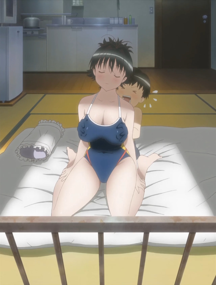 1boy 1girl age_difference alternate_hairstyle anime_screenshot blush breasts cleavage closed_eyes collarbone curvy door feet futon grabbing_another's_breast grope_from_behind groping indoors kanokon kitchen large_breasts minamoto_chizuru navel navel_visible_through_clothes one-piece_swimsuit onee-shota open_mouth oyamada_kouta pillow refrigerator school_swimsuit short_hair shota sitting smile stitched sunlight swimsuit thighs third-party_edit