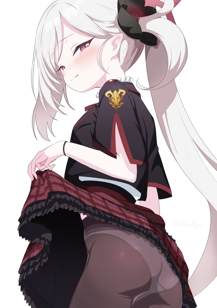 1gen_sinkun 1girl ass black_flower black_pantyhose black_scrunchie blue_archive clothes_lift flower grey_hair hair_flower hair_ornament halo highres lifting_own_clothes light_smile loli looking_at_viewer mesugaki mutsuki_(blue_archive) panties panties_under_pantyhose pantyhose pointy_ears red_halo red_skirt scrunchie side_ponytail skirt skirt_lift smug solo underwear white_background white_panties