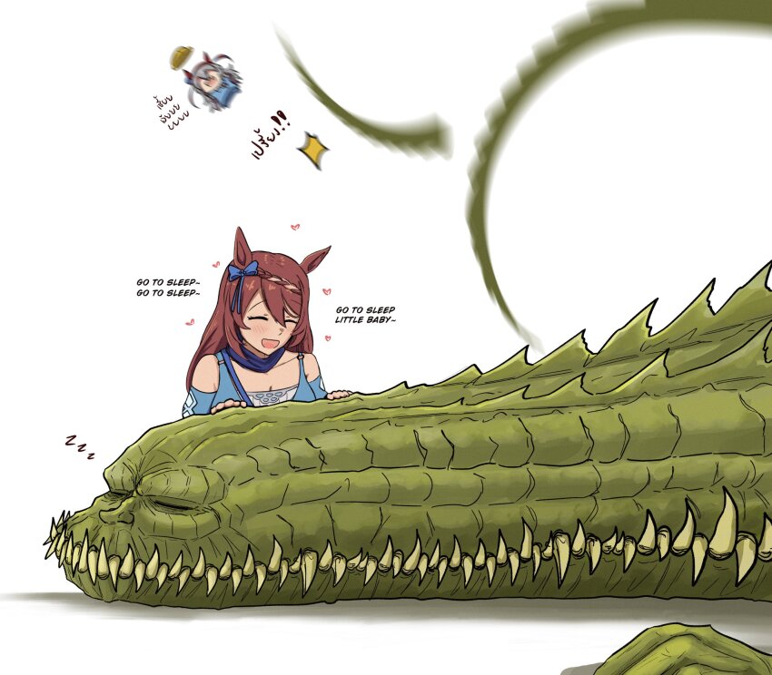 1boy 2girls absolute_batman absolute_dc animal_ears bag batman_(series) blue_dress blue_scarf blue_shirt blush bow braid breasts brown_hair closed_eyes commentary crocodilian dc_comics dress ear_bow ear_covers english_commentary hair_between_eyes headband heart highres horse_ears horse_girl johnholl0w killer_croc long_hair lullaby multicolored_hair multiple_girls open_mouth red_headband scarf sharp_teeth shirt shoulder_bag smile streaked_hair super_creek_(murmuring_stream)_(umamusume) super_creek_(umamusume) tail tamamo_cross_(umamusume) teeth umamusume very_long_hair white_hair