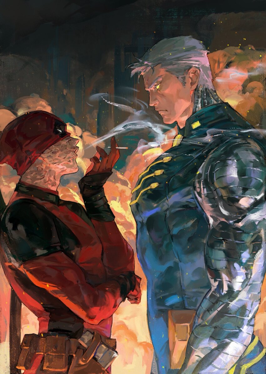 2boys arm_support belt between_fingers black_bodysuit blue_bodysuit bodysuit brown_belt cable_(marvel) cigarette closed_mouth colored_sclera deadpool deadpool_(series) deadpool_2 fire grey_hair hand_up highres holding holding_cigarette kiyomitsu_yari looking_at_another male_focus marvel multicolored_bodysuit multiple_boys muscular muscular_male open_mouth pocket prosthesis prosthetic_arm red_bodysuit red_mask scar short_hair smoke smoking superhero_costume two-tone_bodysuit weapon weapon_on_back x-men x-men_film_series yellow_sclera