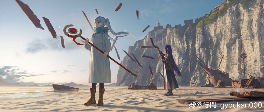 2girls absurdres beach black_robe blue_scarf blunt_bangs boat boots brown_boots butterfly_hair_ornament cliff cloud coat commentary dress earrings elf fern_(sousou_no_frieren) frieren green_eyes gyoukan_(jfxc) hair_ornament highres holding holding_staff jewelry long_hair mage_staff magic multiple_girls outdoors pointy_ears purple_eyes purple_hair robe sand scarf shore sousou_no_frieren staff straight_hair symbol-only_commentary teardrop_earrings twintails very_long_hair water watercraft waves white_coat white_dress white_hair