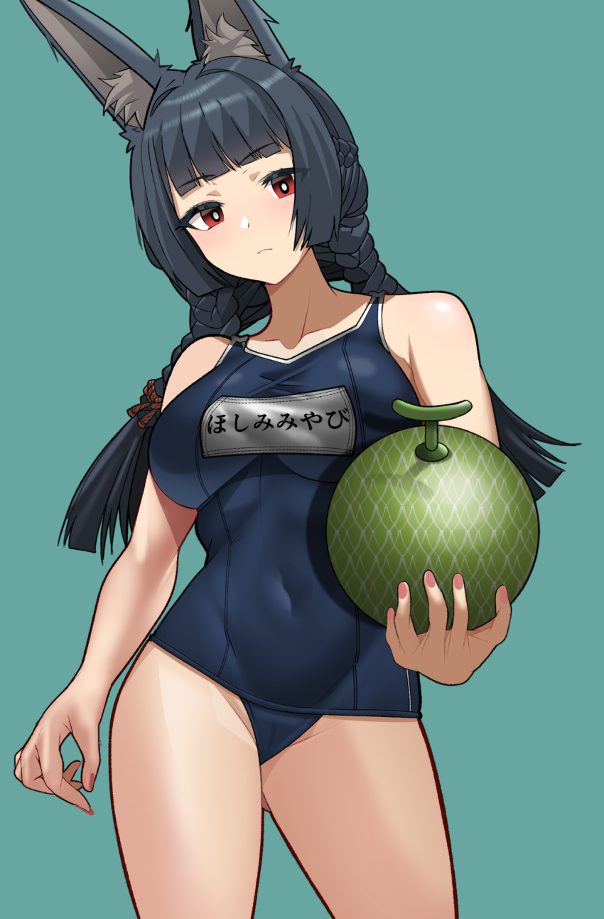 1girl alternate_costume animal_ear_fluff animal_ears black_hair blue_one-piece_swimsuit braid breasts closed_mouth collarbone commentary_request covered_navel food fox_ears fox_girl fruit green_background highres holding holding_food holding_fruit hoshimi_miyabi large_breasts long_hair looking_at_viewer melon minami_no_uo-za one-piece_swimsuit pink_nails red_eyes simple_background solo standing swimsuit twin_braids zenless_zone_zero