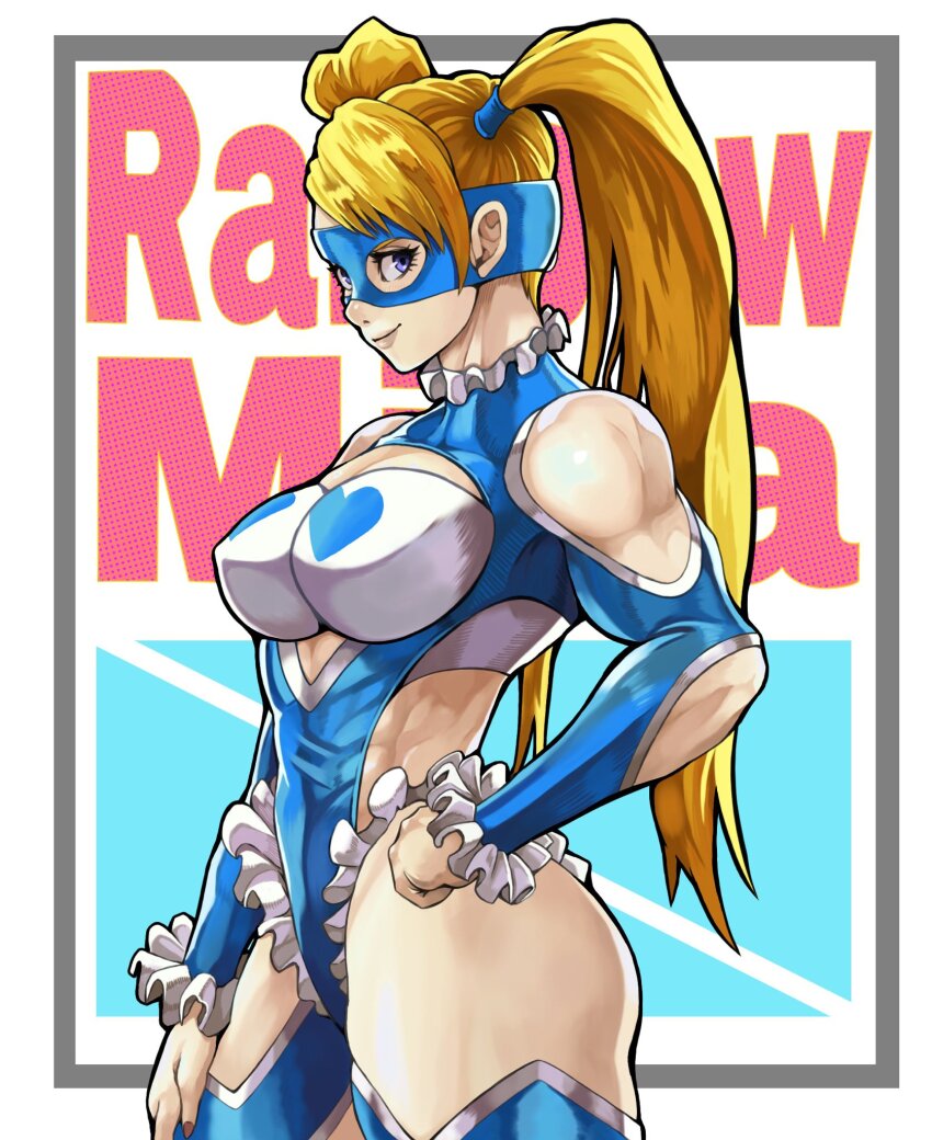 1girl ass blonde_hair boots character_name curvy eye_mask frills hand_on_own_hip hands_on_own_hips heart highleg highleg_leotard highres leotard lip_gloss mask muscular muscular_female nail_polish rainbow_mika revealing_clothes shiny_skin simple_background smile standing street_fighter street_fighter_zero_(series) thigh_boots thong_leotard to-ru twintails wide_hips wrestler wrestling_outfit