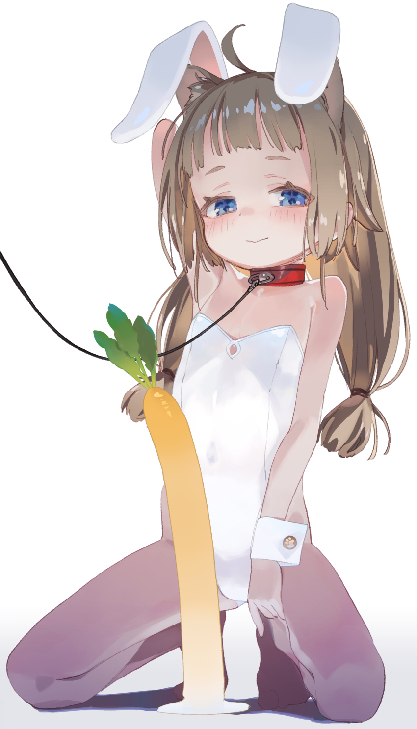 1girl absurdres ahoge animal_collar animal_ears bare_shoulders biyobiyo blue_eyes blunt_bangs blush breasts brown_hair carrot_dildo closed_mouth collar collarbone covered_navel dildo fake_animal_ears flat_chest full_body highres kneeling leash leotard loli long_hair looking_at_viewer low_twintails narrow_hips original pantyhose playboy_bunny rabbit_ears red_collar sex_toy sidelocks simple_background smile solo spread_legs strapless strapless_leotard suction_cup_dildo tail twintails very_long_hair white_background white_leotard wrist_cuffs