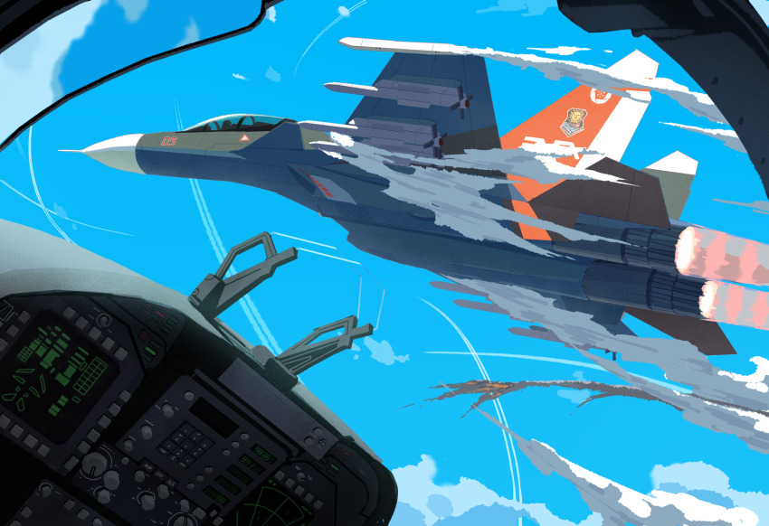 ace_combat ace_combat_7 afterburner air-to-air_missile aircraft airplane blue_sky cloud cockpit commentary contrail day explosion f-18_hornet fighter_jet highres mihaly_a_shilage military military_vehicle missile pencil_pusher pov_cockpit r-77_vympel sky smoke su-30 vehicle_focus