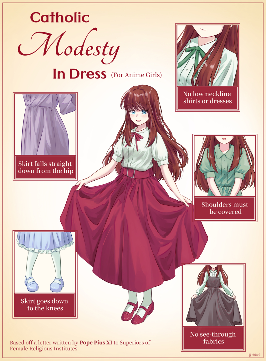 1girl absurdres belt belt_buckle blue_eyes blue_shoes blue_skirt blush breasts brown_hair buckle buttons christianity collared_shirt commentary dress dress_shirt english_commentary english_text frilled_skirt frills full_body green_dress green_ribbon grey_dress hair_intakes highres how_to long_hair long_sidelocks long_skirt looking_at_viewer mary_janes multiple_views neck_ribbon open_mouth original pinafore_dress puffy_short_sleeves puffy_sleeves purple_dress red_belt red_ribbon red_shoes red_skirt ribbon shirt shirt_tucked_in shkz9 shoes short_sleeves sidelocks skirt skirt_hold sleeveless sleeveless_dress small_breasts smile socks standing twitter_username wavy_hair white_shirt white_socks