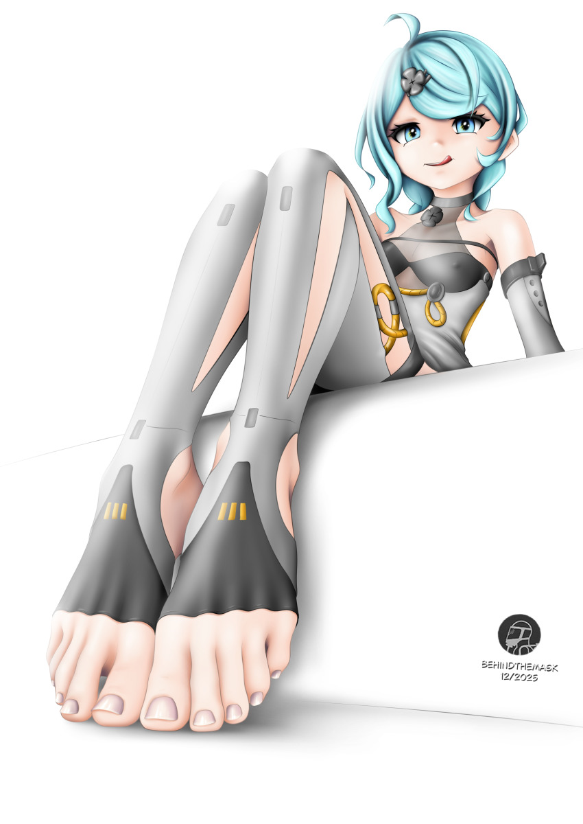 1girl barefoot behindthemask blue_eyes blue_hair covered_erect_nipples feet highres licking_lips long_hair looking_at_viewer seed_(zenless_zone_zero) stirrup_legwear toeless_legwear toes tongue tongue_out zenless_zone_zero
