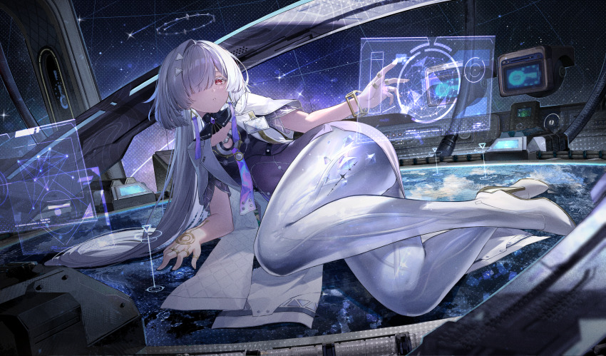 1girl absurdres breasts byx chinese_commentary colored_eyelashes commentary_request dress earrings hair_ornament hair_over_one_eye halo high_heels highres holographic_interface id_card jacket jewelry looking_at_viewer lying mornye_(wuthering_waves) on_side parted_lips purple_dress red_eyes see-through_body small_breasts solo tacet_mark_(wuthering_waves) triangle_earrings white_jacket wuthering_waves