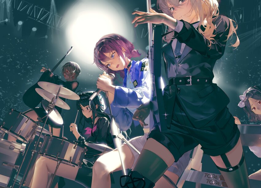 3d 5girls absurdres awa_subaru bass_guitar black_choker black_hair black_jacket black_shorts blue_eyes blue_jacket blue_shirt brown_hair chang_zhao_xiao_quan choker closed_mouth commentary_request computer_keyboard concert drum drum_set drumsticks earrings ebizuka_tomo electric_guitar girls_band_cry grey_eyes grey_hair grey_thighhighs guitar highres holding holding_drumsticks holding_guitar holding_instrument holding_microphone instrument iseri_nina jacket jewelry kawaragi_momoka microphone multiple_girls music necktie o-ring o-ring_choker open_mouth playing_drum purple_necktie red_eyes red_hair rupa_(girls_band_cry) shirt short_hair short_twintails shorts singing smile stage thighhighs togenashi_togeari twintails white_shorts