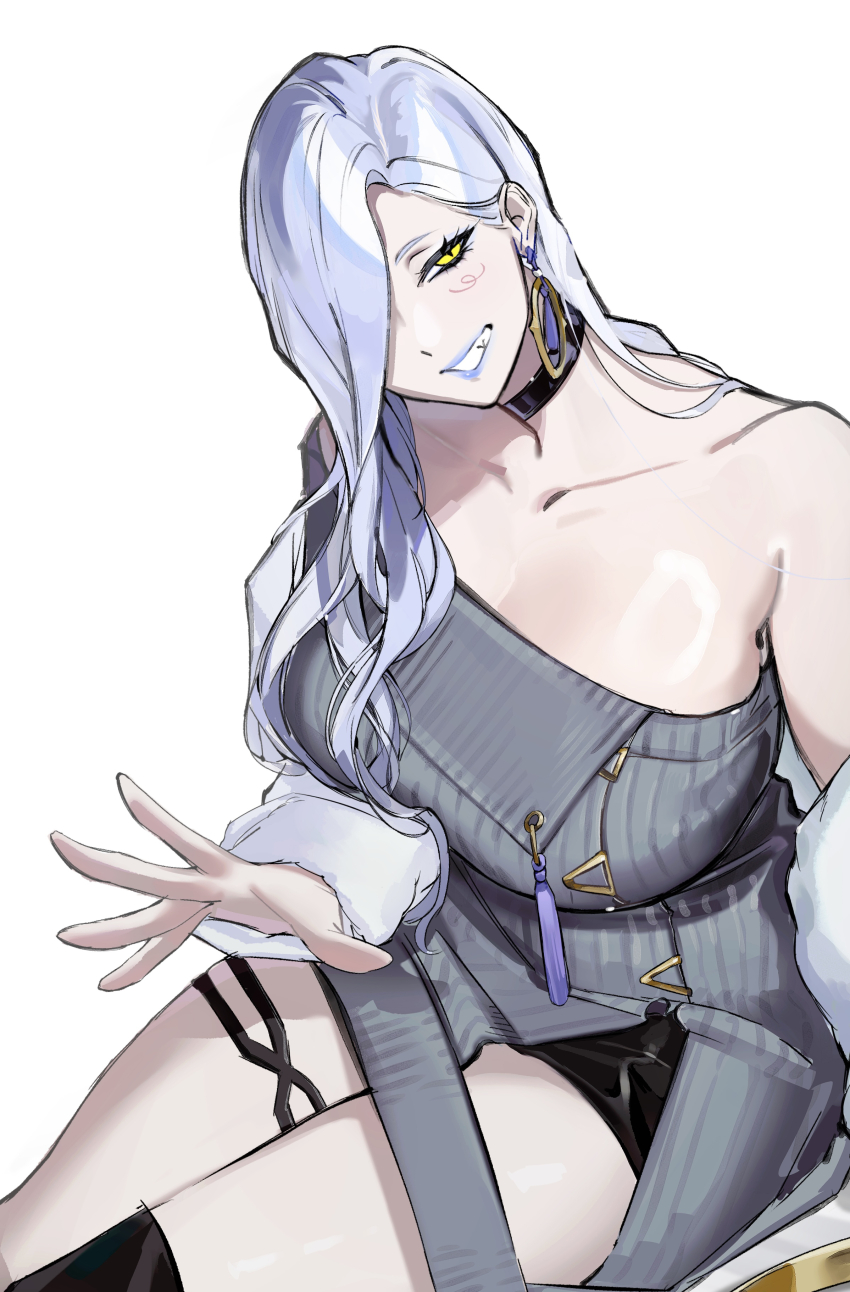 1girl absurdres bare_shoulders black_shorts black_thighhighs blue_lips blush breasts choker collarbone commentary_request dress earrings eyeliner fate/grand_order fate_(series) grey_dress grin hair_over_one_eye highres hoop_earrings jacket jewelry large_breasts long_hair long_sleeves looking_at_viewer makeup mimiiri mrs._snake_(fate) off_shoulder short_shorts shorts smile solo sweater sweater_dress tassel thighhighs thighs white_hair white_jacket yellow_eyes