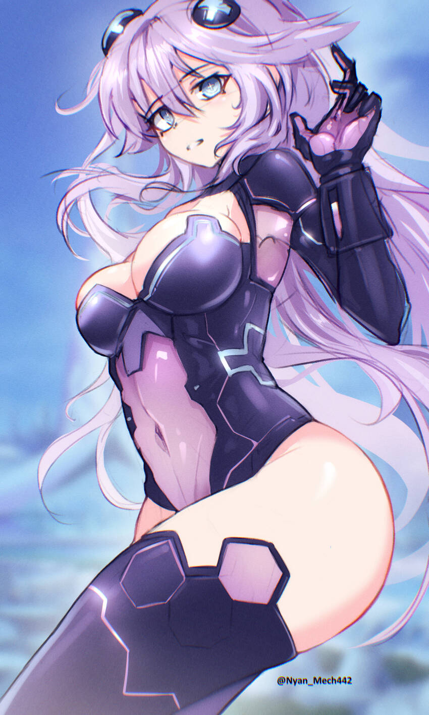 1girl absurdres blue_eyes blurry blurry_background breasts cleavage cleavage_cutout clothing_cutout covered_navel cow cowboy_shot d-pad d-pad_hair_ornament gloves hair_between_eyes hair_ornament highres large_breasts leotard long_hair looking_at_viewer neptune_(series) nyanmech parted_lips power_symbol power_symbol-shaped_pupils purple_hair purple_heart_(neptunia) purple_leotard purple_thighhighs solo symbol-shaped_pupils teeth thighhighs thighs very_long_hair
