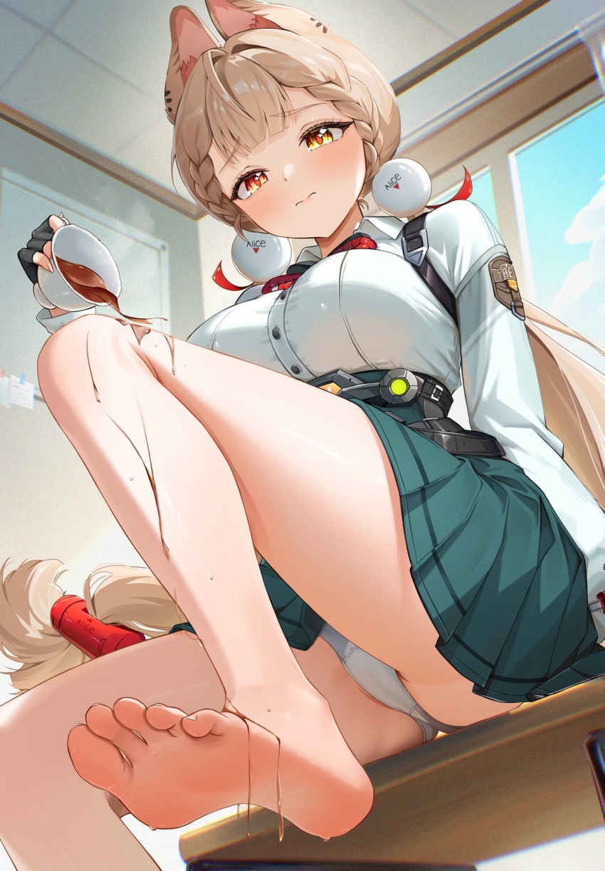 1girl alice_thymefield animal_ear_fluff animal_ears barefoot black_gloves blonde_hair blue_sky blush breasts closed_mouth cloud commentary_request cup feet fingerless_gloves food_on_foot foot_focus foreshortening gloves green_skirt hair_ornament heterochromia highres holding holding_cup indoors large_breasts leg_up long_hair low_twintails panties presenting_foot rabbit_ears rabbit_girl radoremo red_eyes shirt shirt_tucked_in sitting skirt sky soles solo sphere_hair_ornament spilling tea toes twintails underwear white_panties white_shirt window yellow_eyes zenless_zone_zero