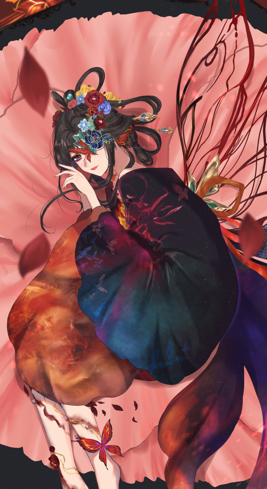1girl absurdres barefoot black_hair black_robe blue_flower bug butterfly butterfly_in_eye butterfly_wings chinese_clothes closed_mouth commentary_request dress fetal_position flower flower_in_eye full_body hair_flower hair_ornament hair_rings highres insect insect_wings into_screen_ashes_burn_(shining_nikki) kohanai_setsuna lipstick long_sleeves looking_at_viewer lying makeup medium_dress nikki_(series) on_flower on_side peony_(flower) petals pink_flower pink_lips poppy_(flower) purple_eyes purple_flower red_butterfly red_dress red_flower red_wings robe shining_nikki short_hair_with_long_locks sidelocks smile solo symbol_in_eye wide_sleeves wings yellow_flower