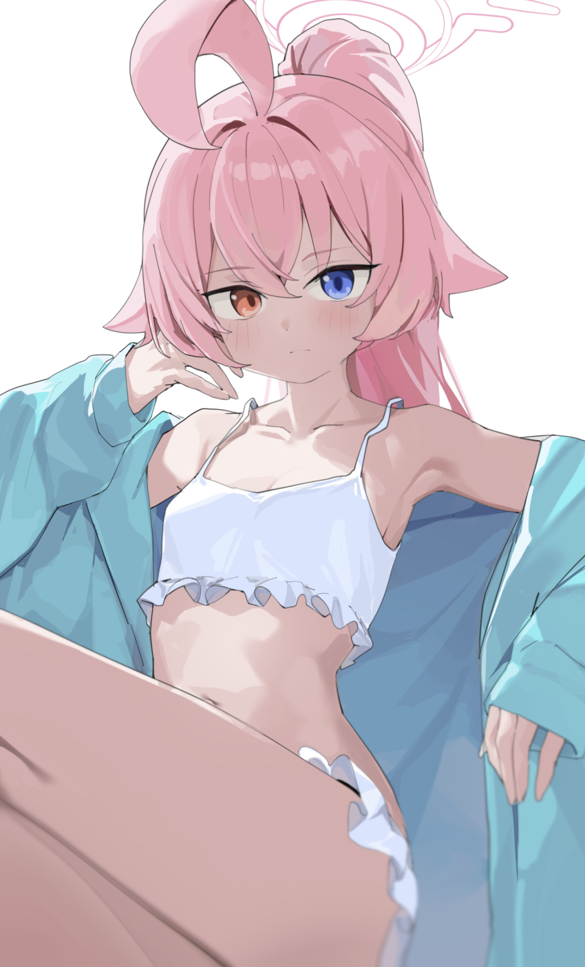 1girl absurdres ahoge arsyky14 bikini blue_archive blue_eyes blue_jacket blush closed_mouth collarbone commentary english_commentary flat_chest halo heterochromia highres hoshino_(blue_archive) hoshino_(swimsuit)_(blue_archive) jacket long_hair looking_at_viewer navel official_alternate_costume open_clothes open_jacket orange_eyes ponytail simple_background sitting solo swimsuit thighs white_background white_bikini white_halo